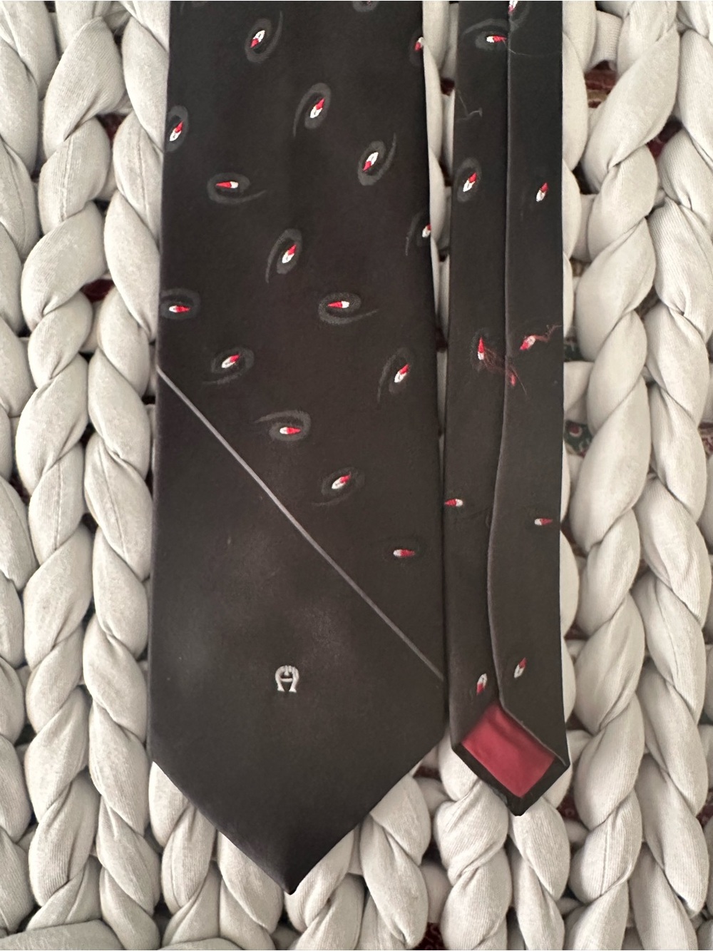 Etienne Aigner Black Silk Tie with Red Dot Accents